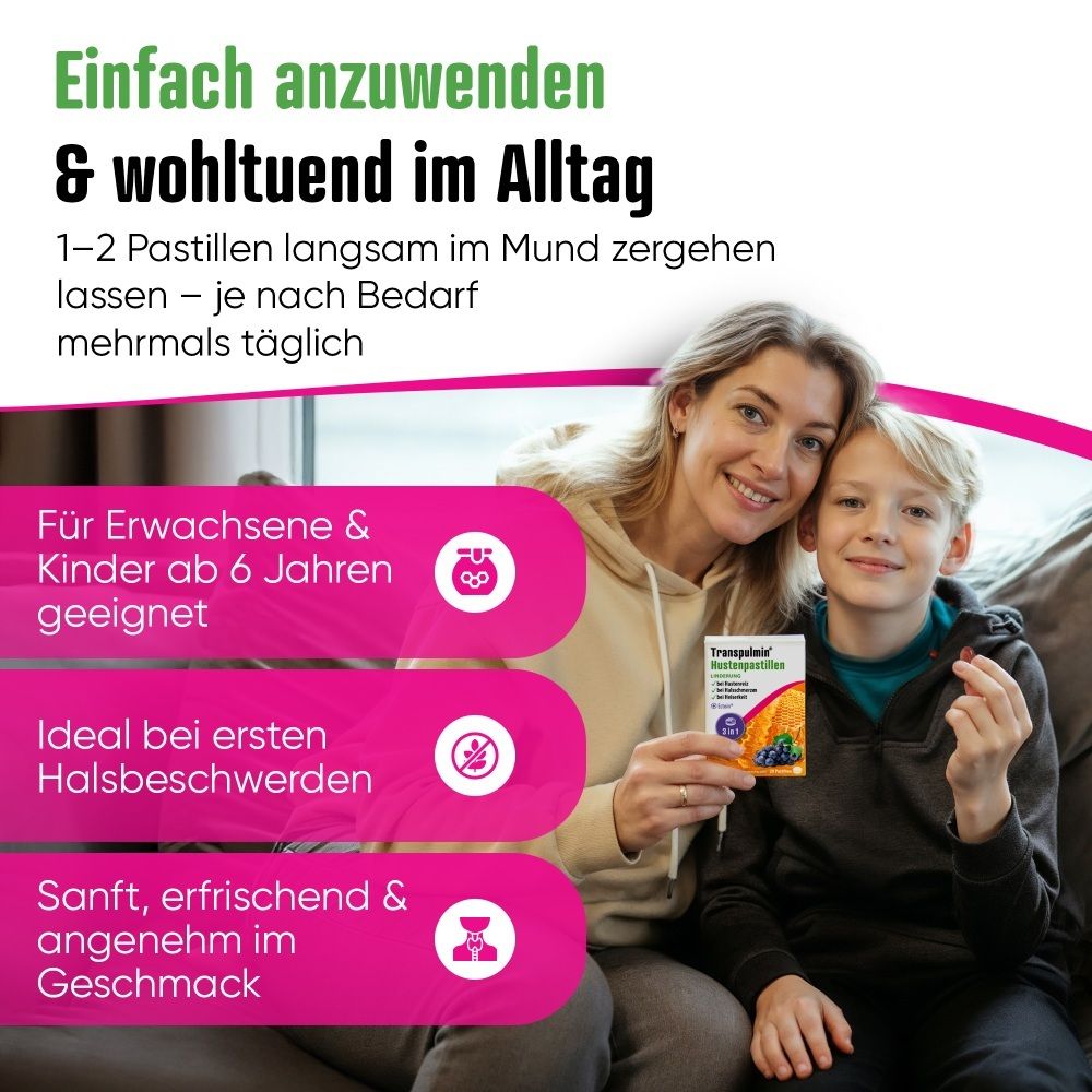 Frau und Kind mit Transpulmin Hustenpastillen Verpackung. Geeignet ab 6 Jahren.