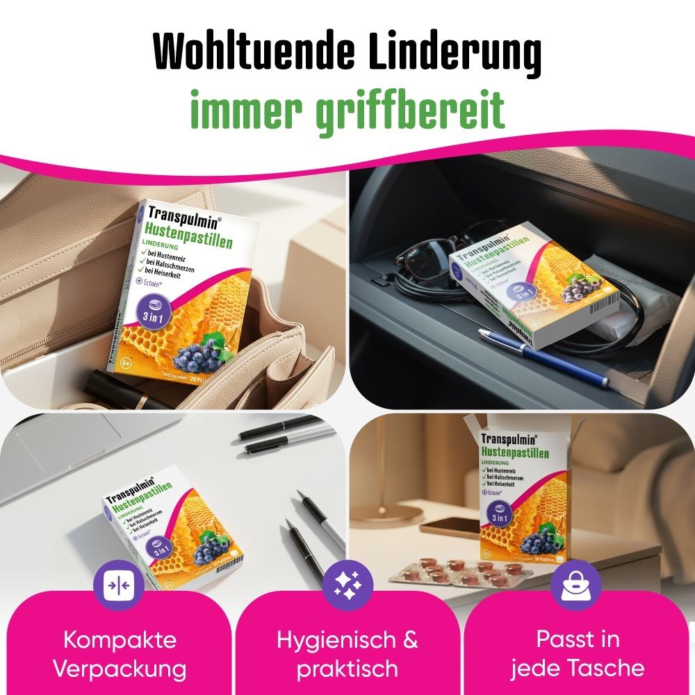 Transpulmin Hustenpastillen Verpackung in Handtasche und Auto. Kompakt und praktisch.
