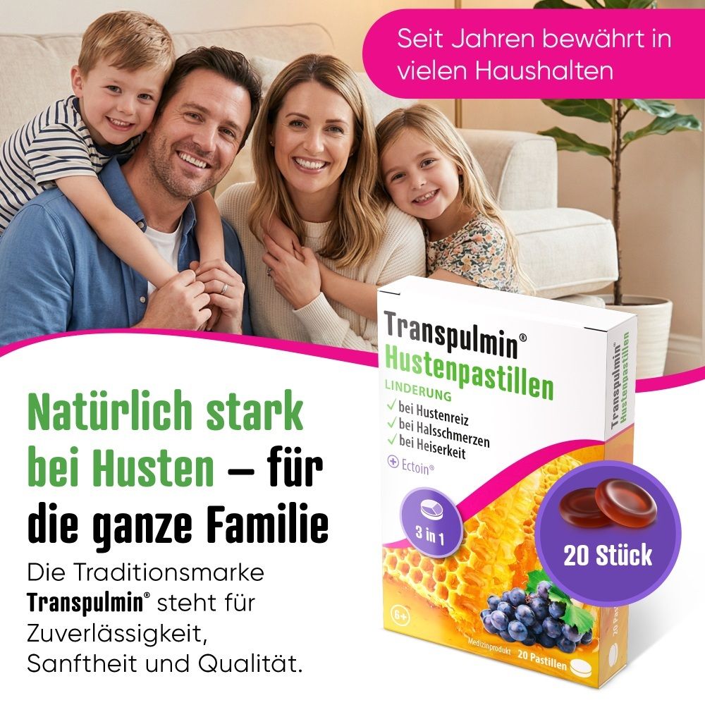 Familie mit Transpulmin Hustenpastillen Verpackung. Für die ganze Familie geeignet.