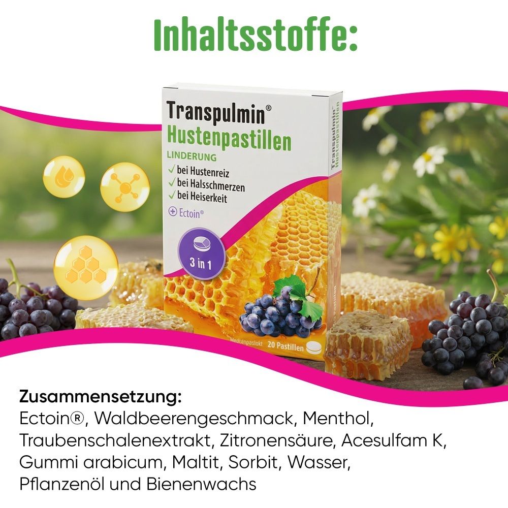 Transpulmin Hustenpastillen Verpackung mit Honigwaben und Trauben. 20 Stück.