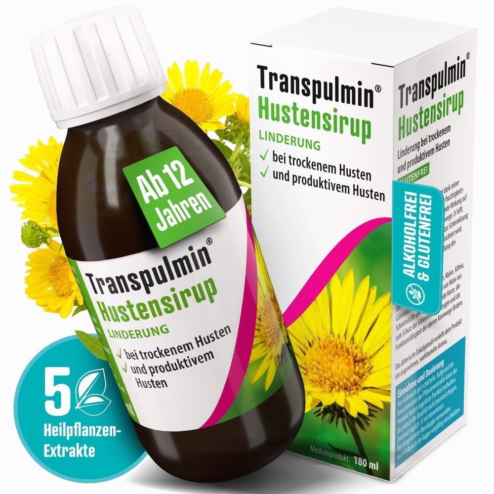 Transpulmin Hustensirup Flasche und Karton mit Heilpflanzen-Extrakten und Sonnenblumenmotiv.