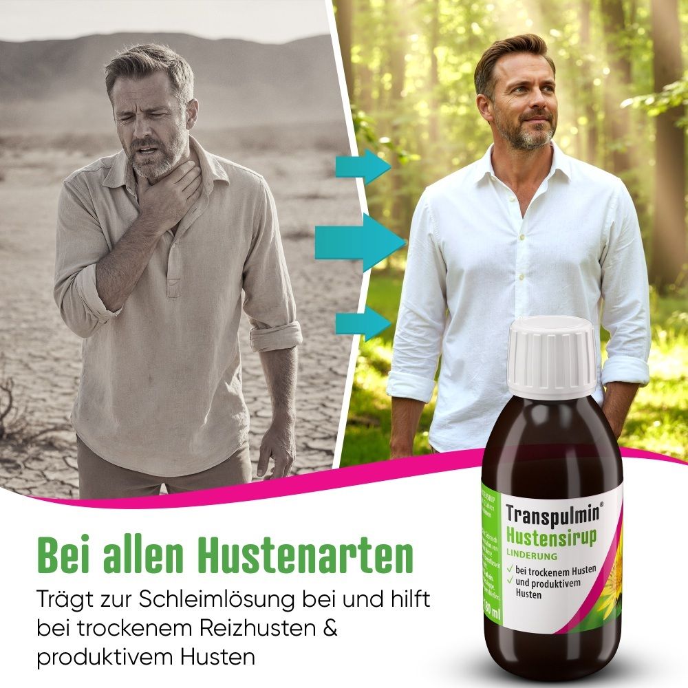 Vergleich: Mann mit Hustensymptomen und gesunder Mann, daneben Transpulmin Hustensirup.