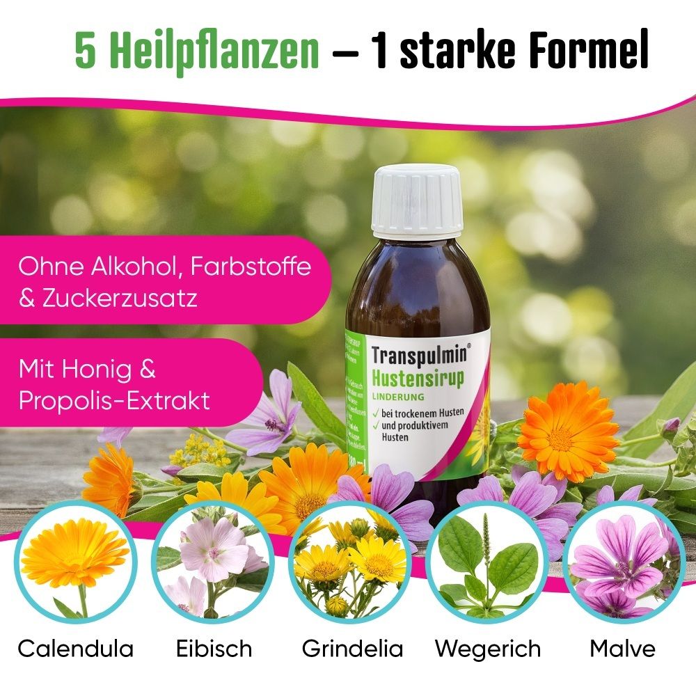 Transpulmin Hustensirup Flasche mit verschiedenen Heilpflanzen und Extrakten.