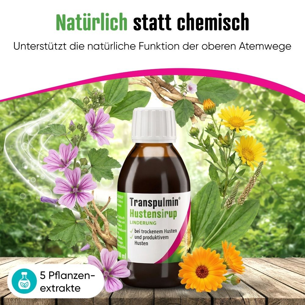 Transpulmin Hustensirup Flasche inmitten von Heilpflanzen und Blättern.