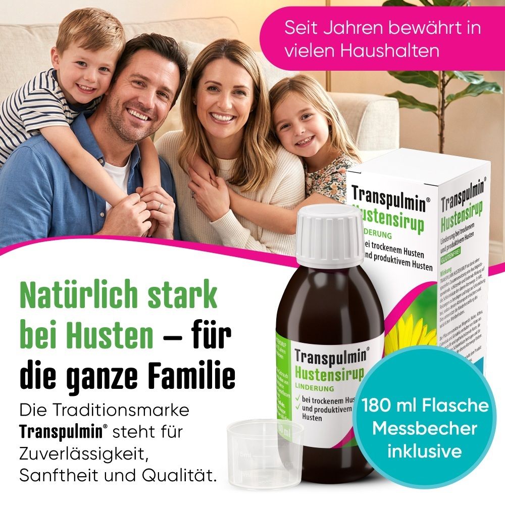 Familie mit Transpulmin Hustensirup Flasche und Karton.