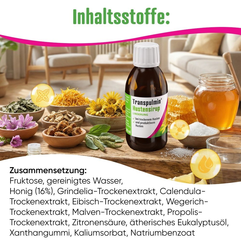 Transpulmin Hustensirup Flasche mit Zutaten wie Honig und Heilpflanzen.
