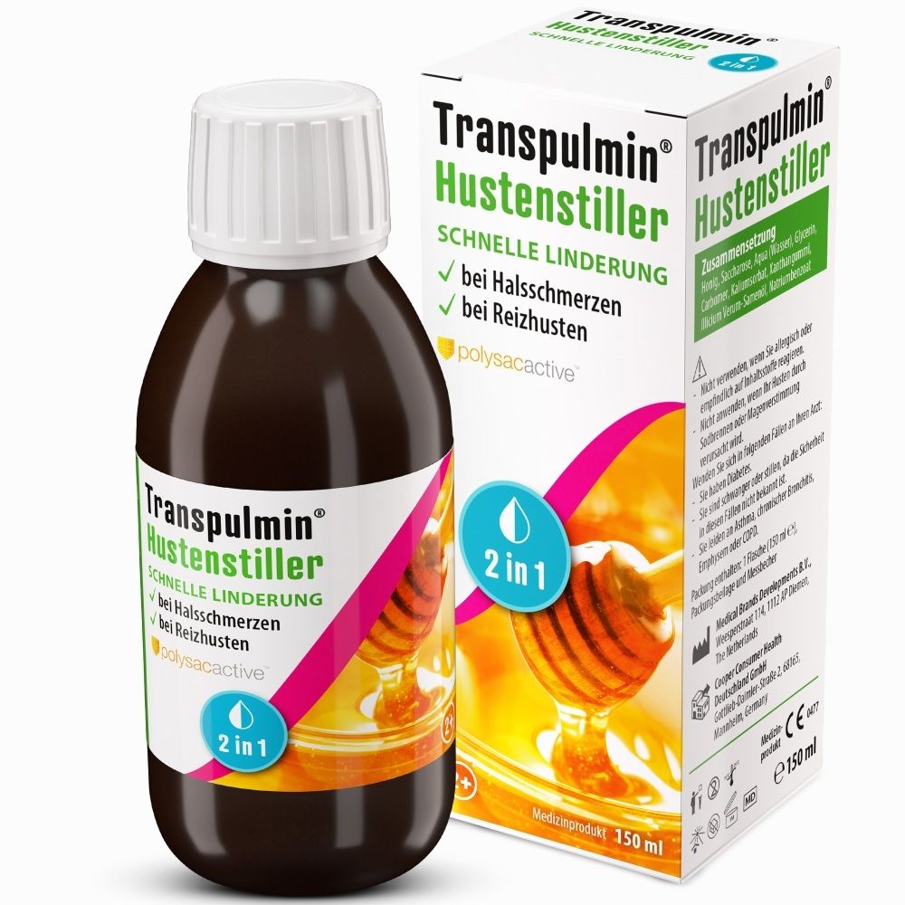 Braune Glasflasche und Faltschachtel mit Transpulmin Hustenstiller, 150 ml.