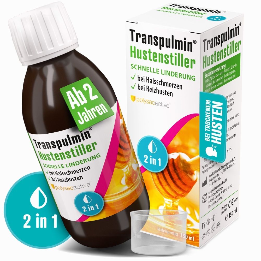 Flasche und Schachtel Transpulmin Hustenstiller, 150 ml, mit Dosierbecher und Altershinweis 'Ab 2 Jahren'.