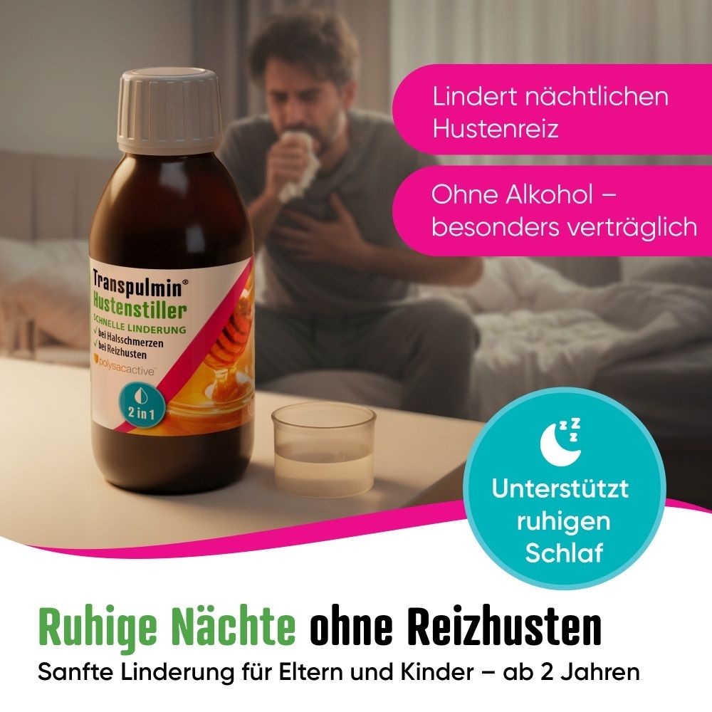 Flasche Transpulmin Hustenstiller, 150 ml, neben einem Mann, der nachts hustet. Lindert nächtlichen Hustenreiz.