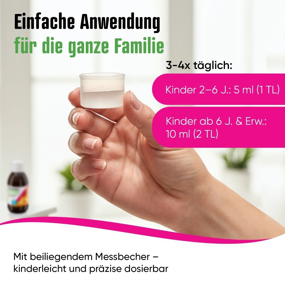 Hand hält Dosierbecher mit Transpulmin Hustenstiller. Einfache Anwendung für die ganze Familie.