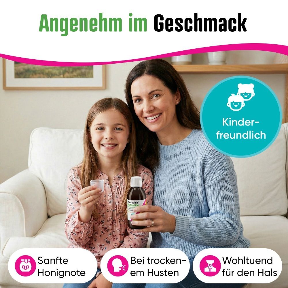 Mutter und Kind mit Transpulmin Hustenstiller. Kinderfreundlich, sanfte Honignote, bei trockenem Husten.
