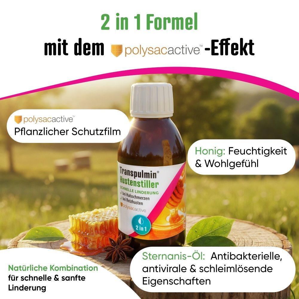 Flasche Transpulmin Hustenstiller mit Honigwabe. 2-in-1-Formel mit Polysacactive-Effekt für schnelle Linderung.