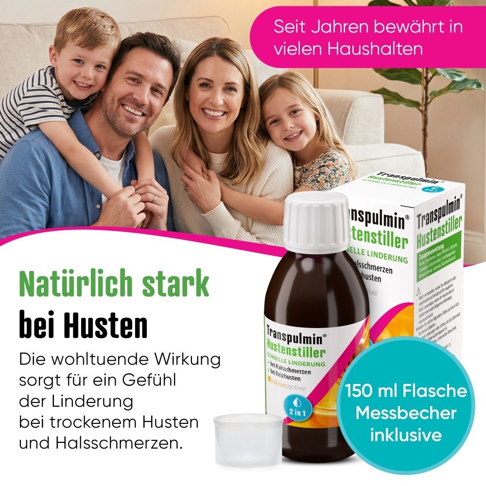 Familie mit Transpulmin Hustenstiller. Natürliche Stärke bei Husten, Linderung bei trockenem Husten und Halsschmerzen.