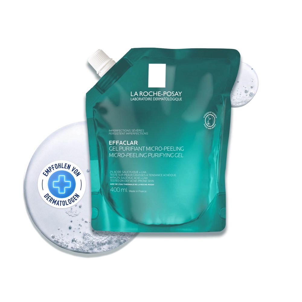 La Roche-Posay Effaclar Micro-Peeling Reinigungs-Gel Nachfüllpackung mit Dermatologen-Siegel.