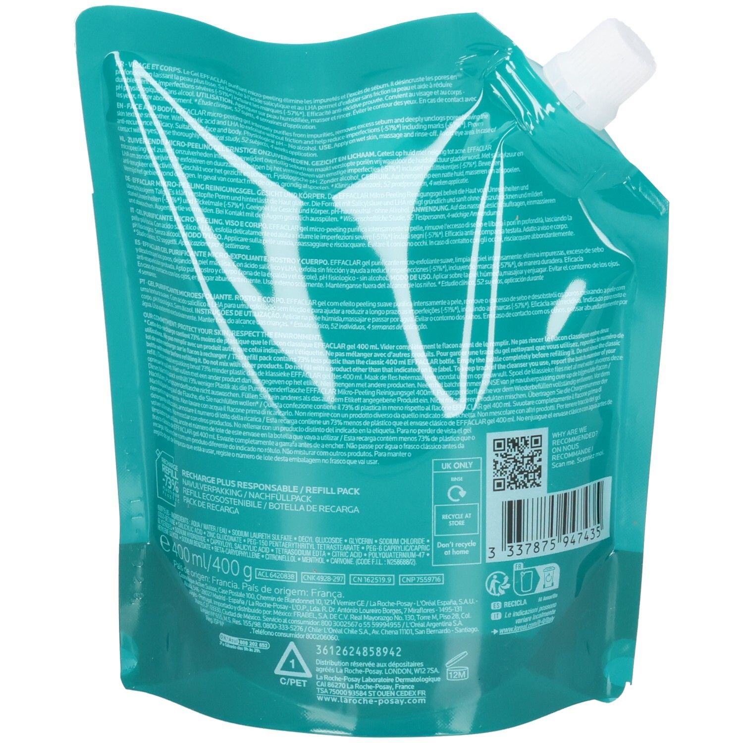Rückseite der Nachfüllpackung La Roche-Posay Effaclar Reinigungsgel. Türkisgrüne, transparente Verpackung. Text und Logos sind sichtbar.