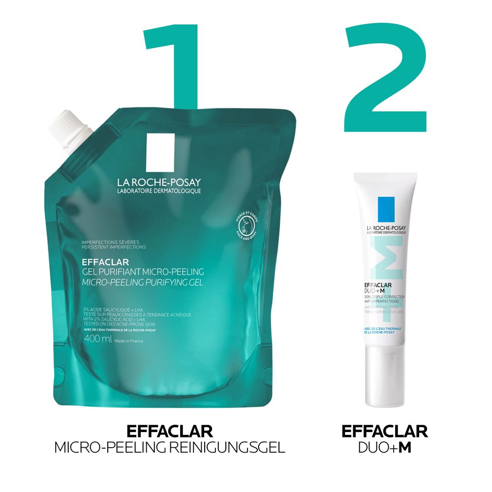 La Roche-Posay Effaclar Micro-Peeling Reinigungs-Gel (Nachfüllpackung 400ml) und Effaclar Duo+M Tube.