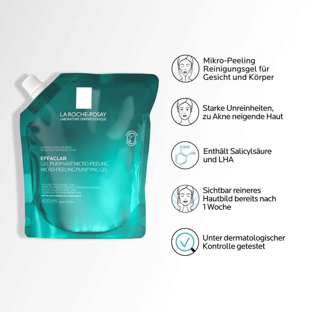La Roche-Posay Effaclar Gel Reiniger mit Mikro-Peeling, Nachfüllbeutel 200ml. Für unreine, zu Akne neigende Haut.