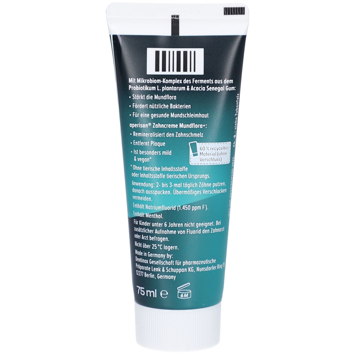 Rückseite der Zahncreme-Tube. Textinformationen in deutscher Sprache. Barcode und Recycling-Symbol.
