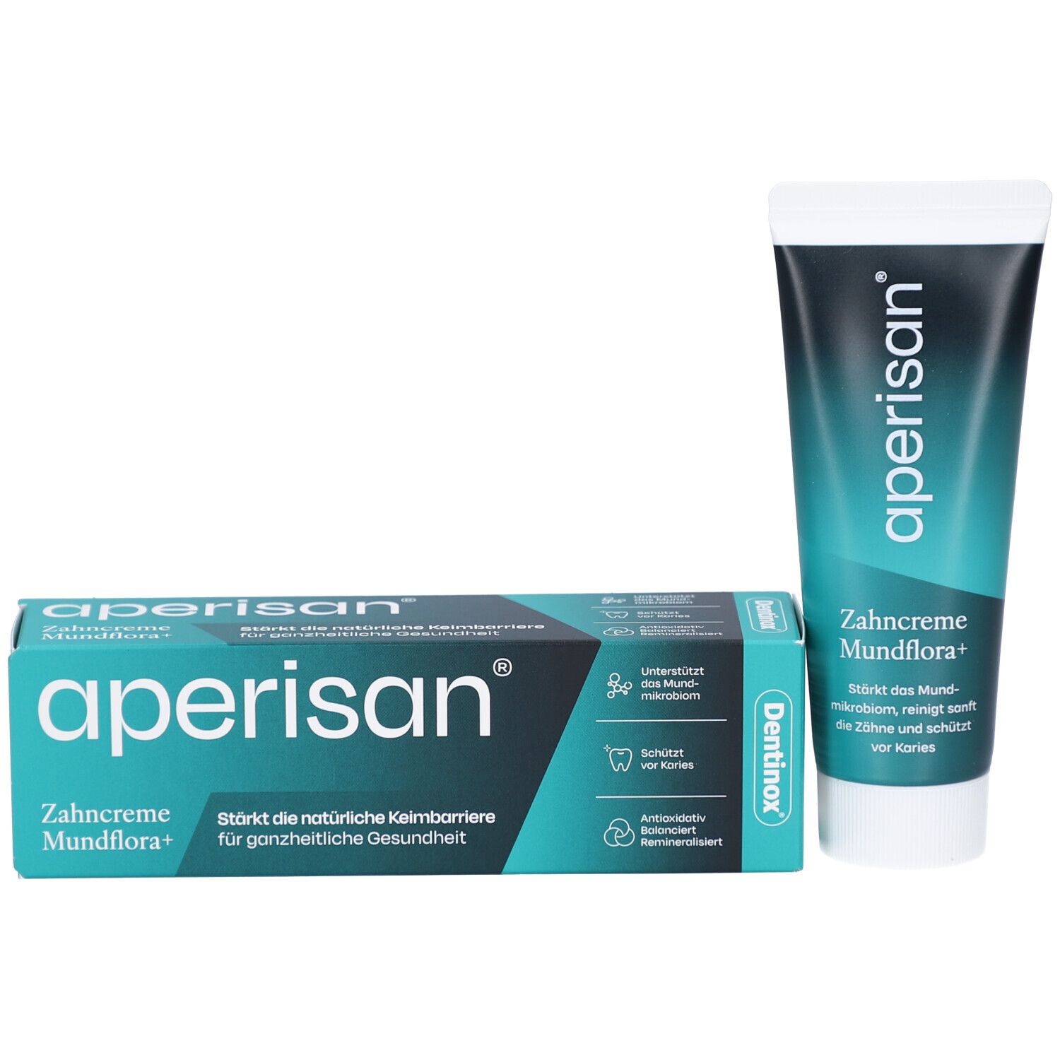 Zahncreme-Tube und Schachtel. Aufschrift: aperisan® Zahncreme Mundflora+. Grün-blaue Farbgebung. Dentinox Logo.