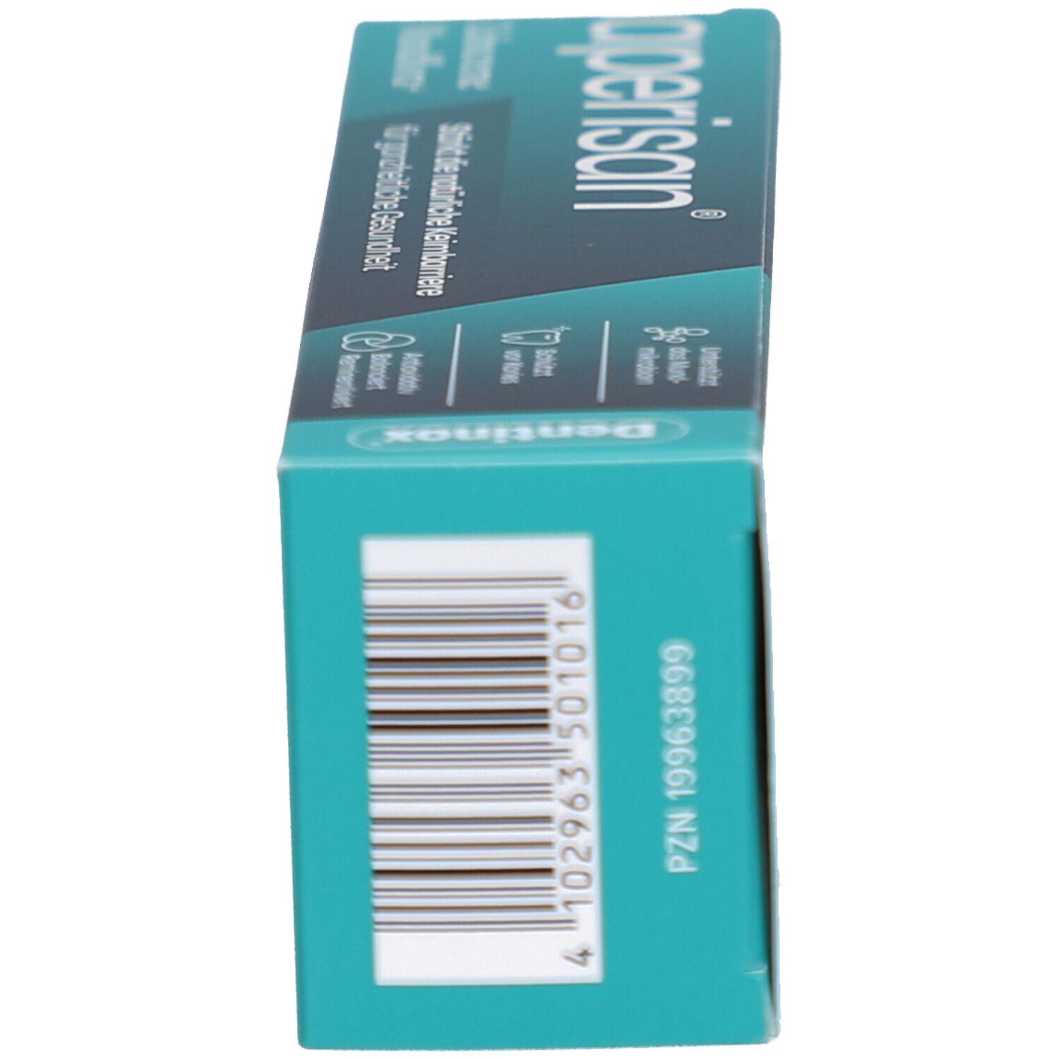 Zahncreme-Schachtel, Seitenansicht. Aufschrift: aperisan®. Grün-blaue Farbgebung. PZN und Barcode.