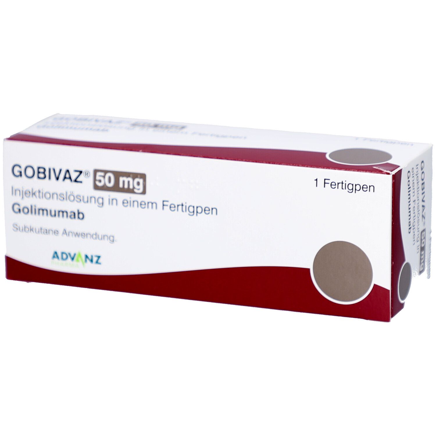 Weiße Schachtel mit rotem Akzent. Aufschrift: GOBIVAZ 50 mg, Injektionslösung. 1 Fertigpen. ADVANZ-Logo.