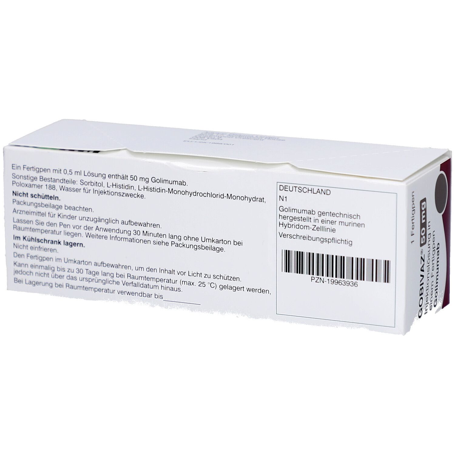 Rückseite der Schachtel. Text: GOBIVAZ 50 mg, Injektionslösung. Informationen zu Inhaltsstoffen und Lagerung.