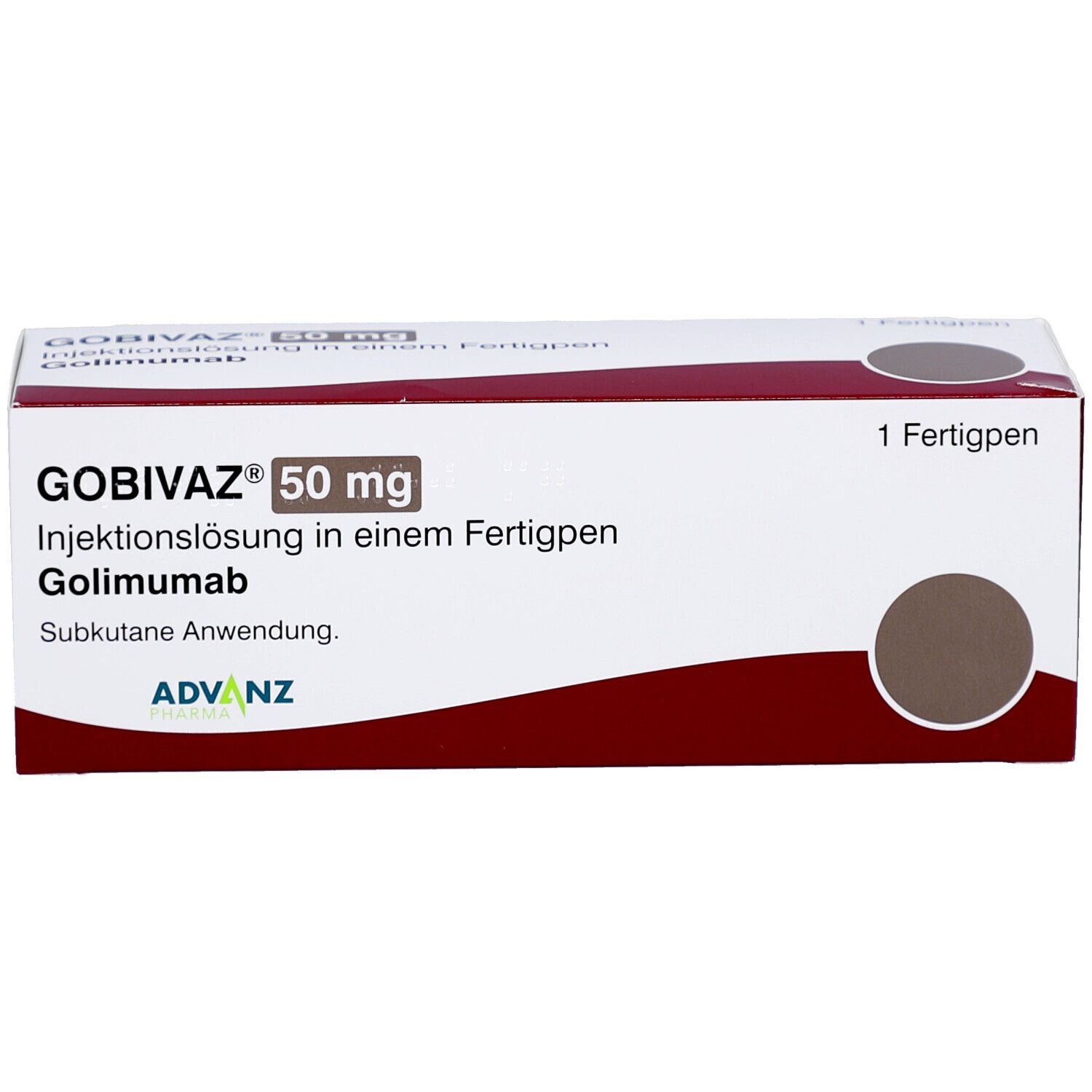 Weiße Schachtel mit rotem Akzent. Aufschrift: GOBIVAZ 50 mg, Injektionslösung, 1 Fertigpen. ADVANZ-Logo.