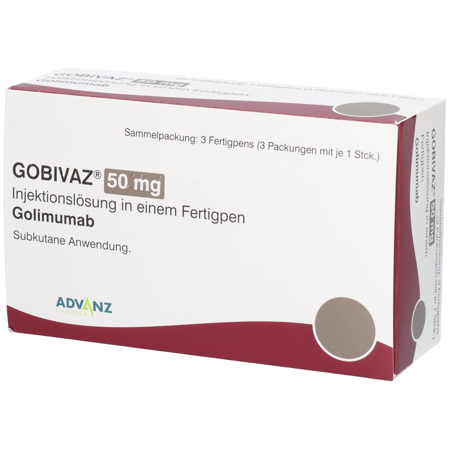 GOBIVAZ 50 mg Injektionslösung in einem Fertigpen. Sammelpackung mit 3 Fertigpens. Weiße Verpackung mit roter und grauer Gestaltung.