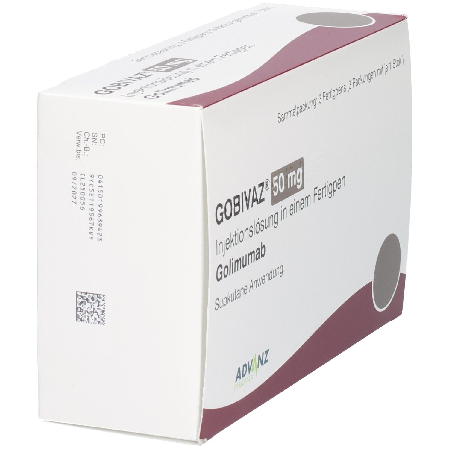GOBIVAZ 50 mg Injektionslösung in einem Fertigpen. Weiße Verpackung mit roter Gestaltung. Text und Barcode.