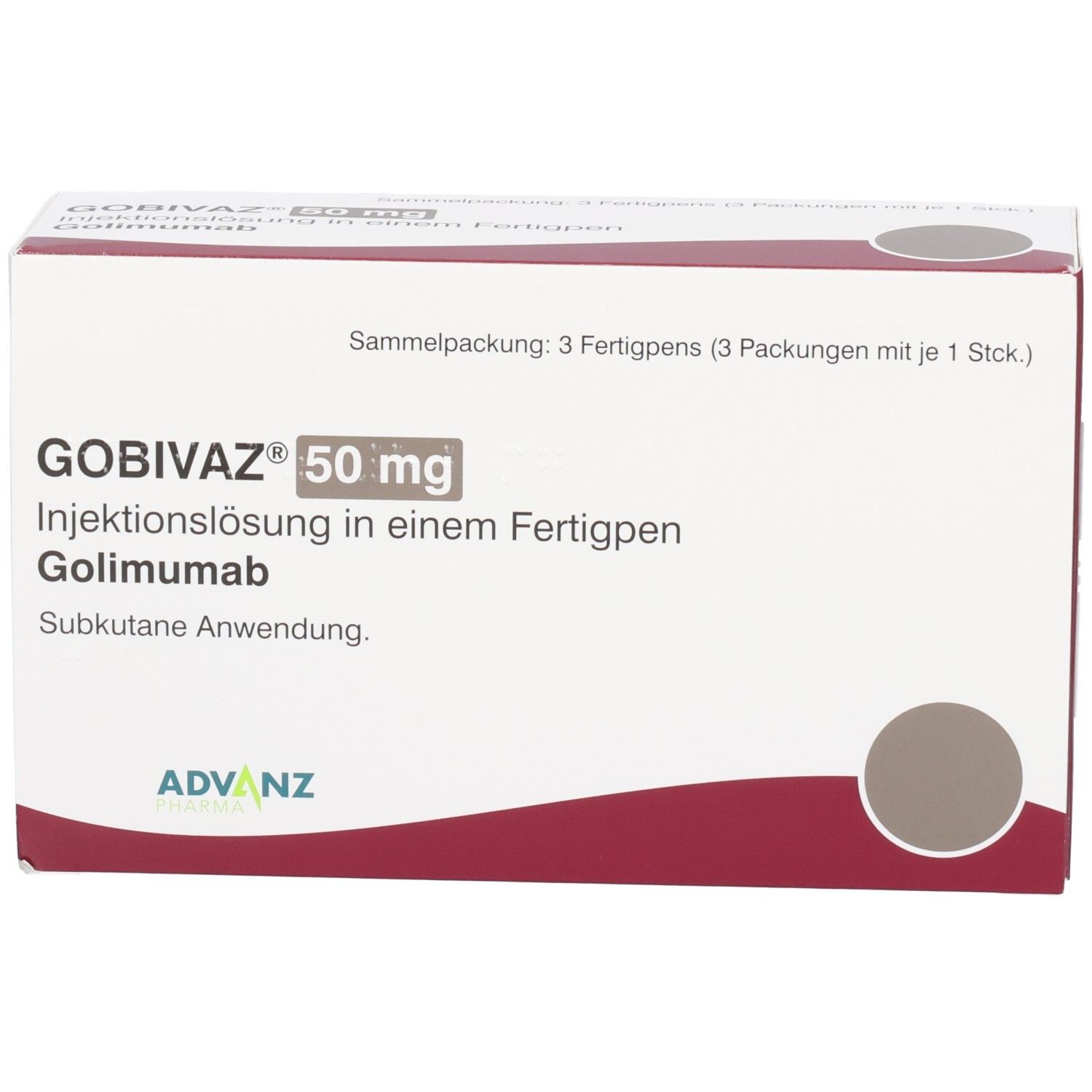 GOBIVAZ 50 mg Injektionslösung in einem Fertigpen. Sammelpackung mit 3 Fertigpens. Weiße Verpackung mit roter Gestaltung.