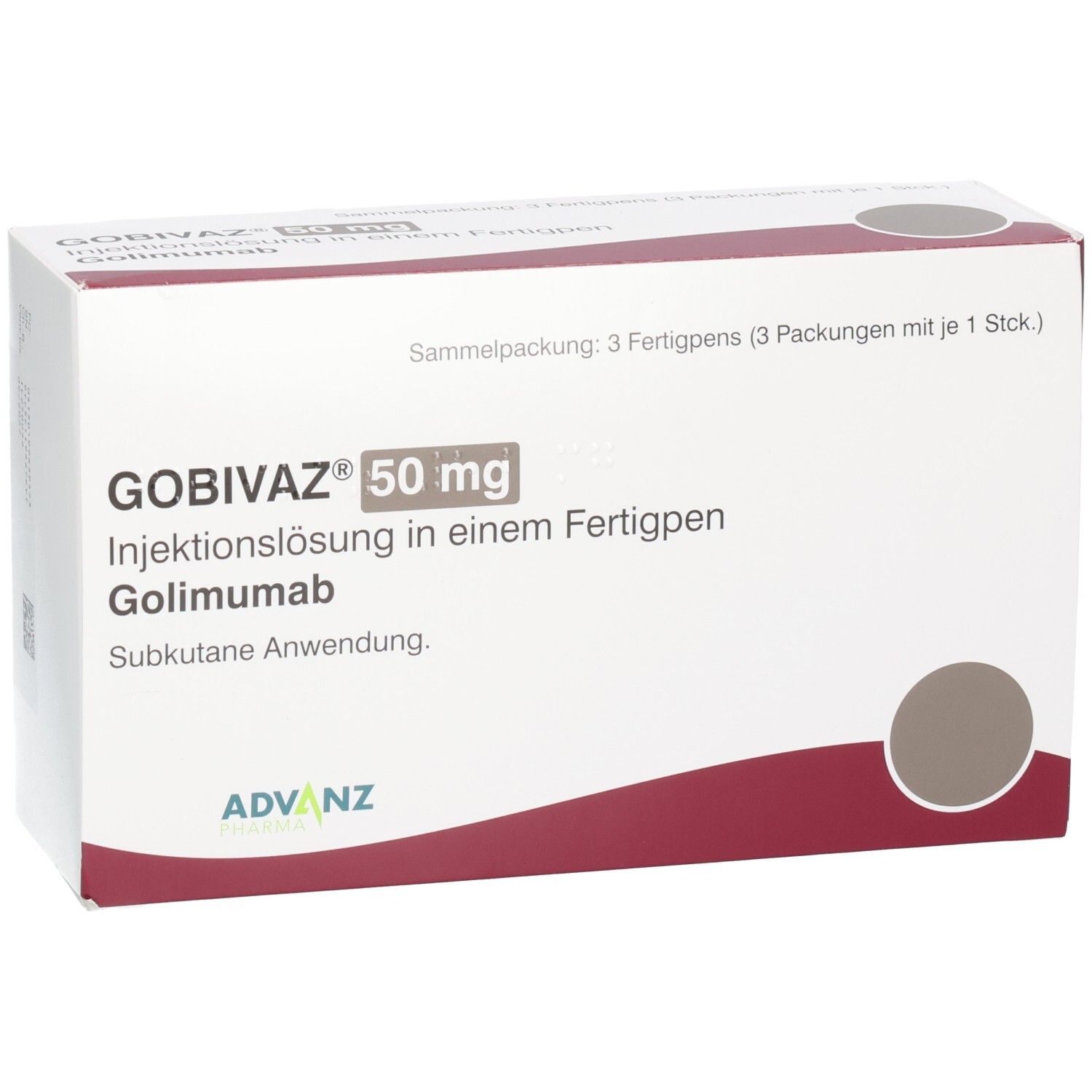 GOBIVAZ 50 mg Injektionslösung in einem Fertigpen. Sammelpackung mit 3 Fertigpens. Weiße Verpackung mit roter Gestaltung.