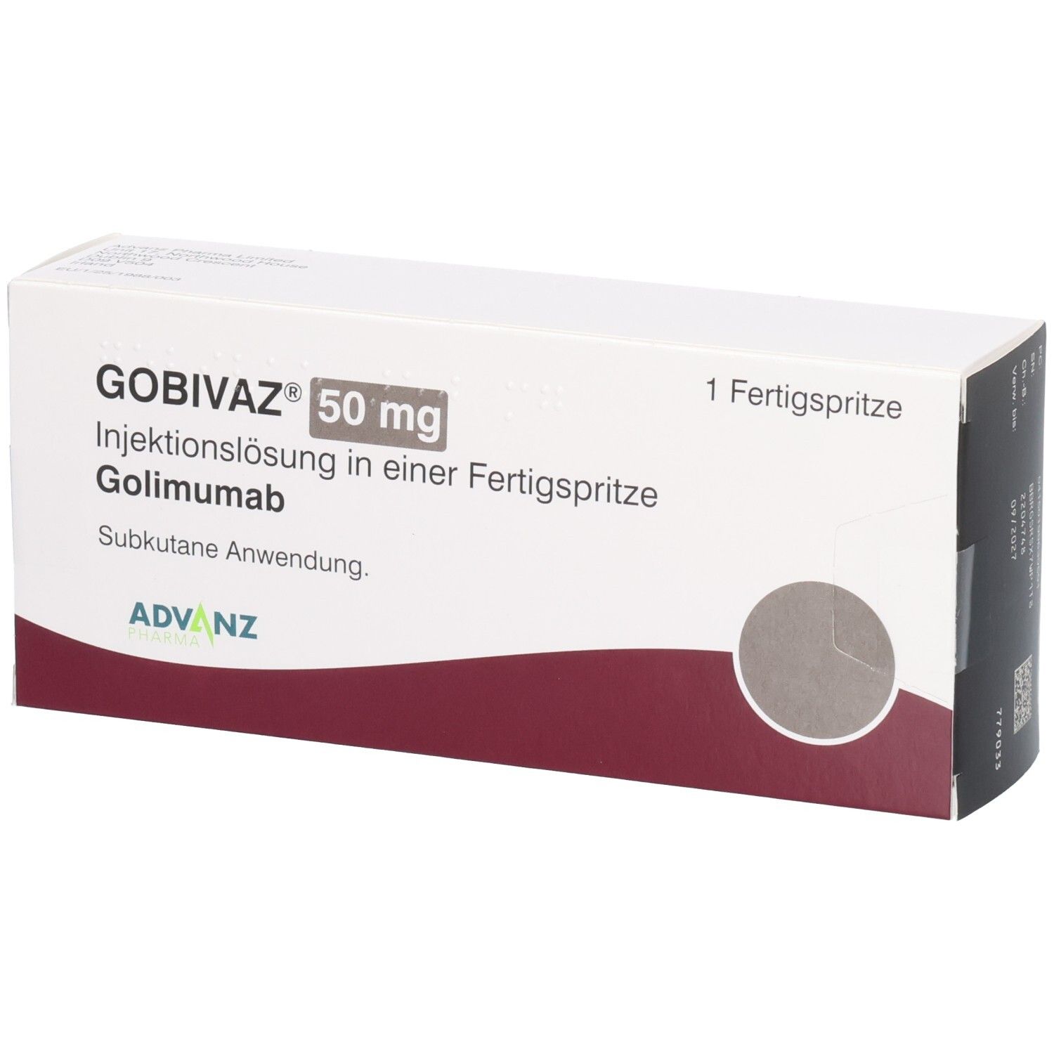 Schachtel mit GOBIVAZ 50 mg Injektionslösung. Fertigspritze. Weiß, mit rotem Bogen. ADVANZ-Logo.