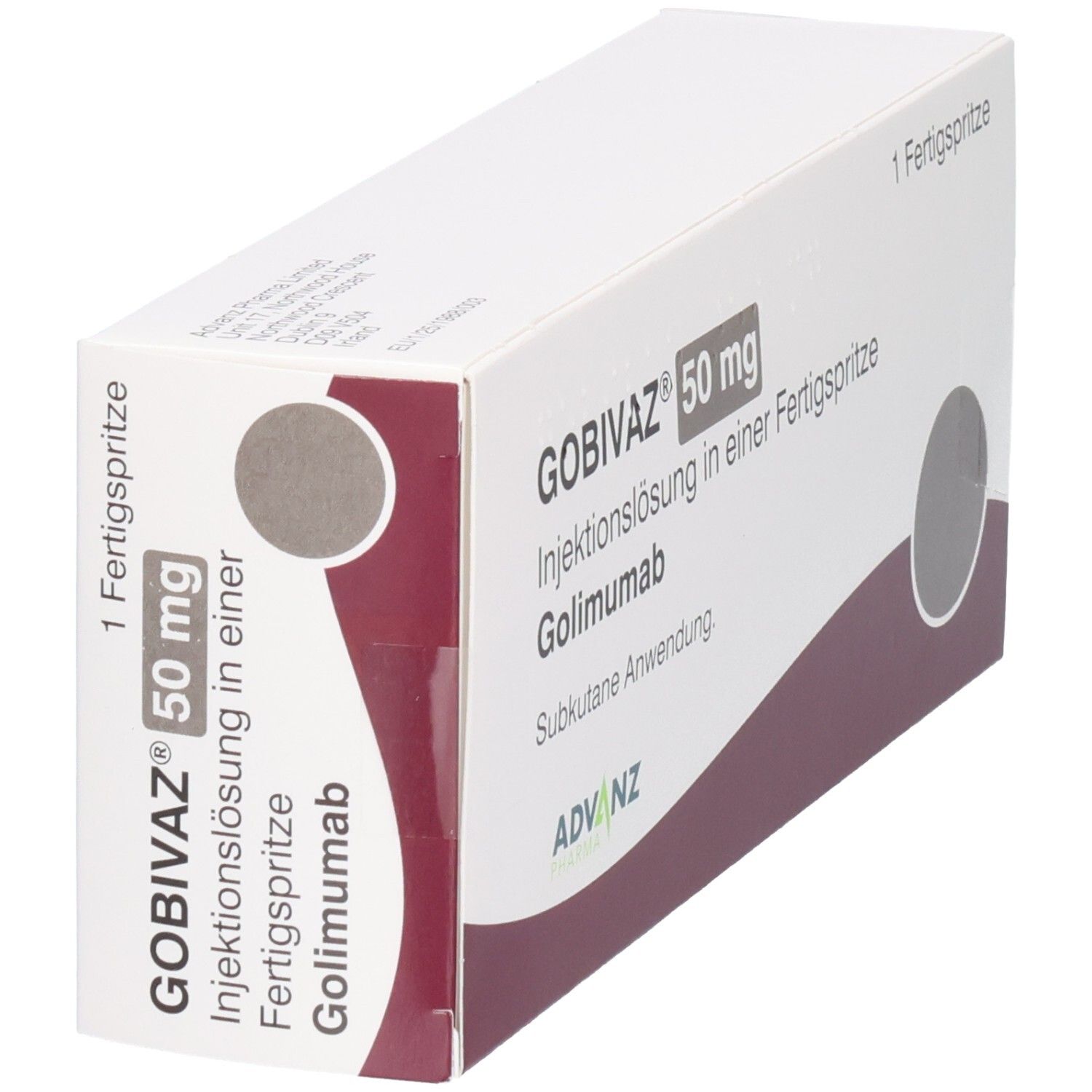 Schachtel GOBIVAZ 50 mg Injektionslösung. Fertigspritze. Weiß, roter Bogen. ADVANZ-Logo. Ansicht schräg.
