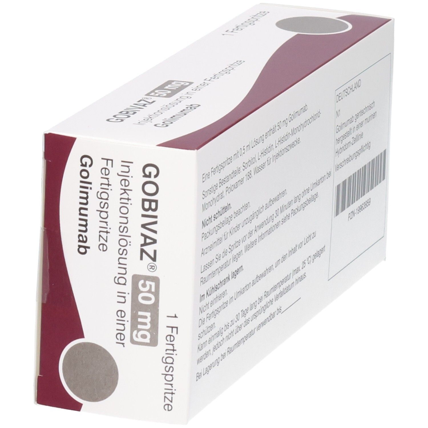 Schachtel GOBIVAZ 50 mg Injektionslösung. Fertigspritze. Weiß, roter Bogen. Ansicht schräg.