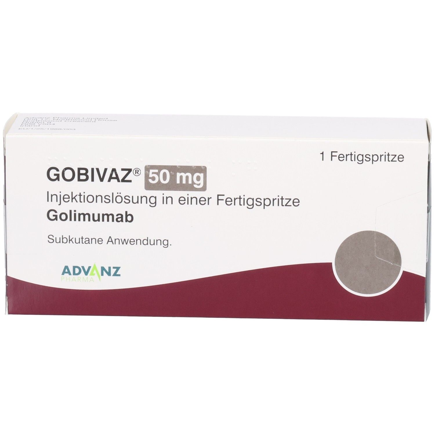 Schachtel mit GOBIVAZ 50 mg Injektionslösung. Fertigspritze. Weiß, mit rotem Bogen. ADVANZ-Logo.