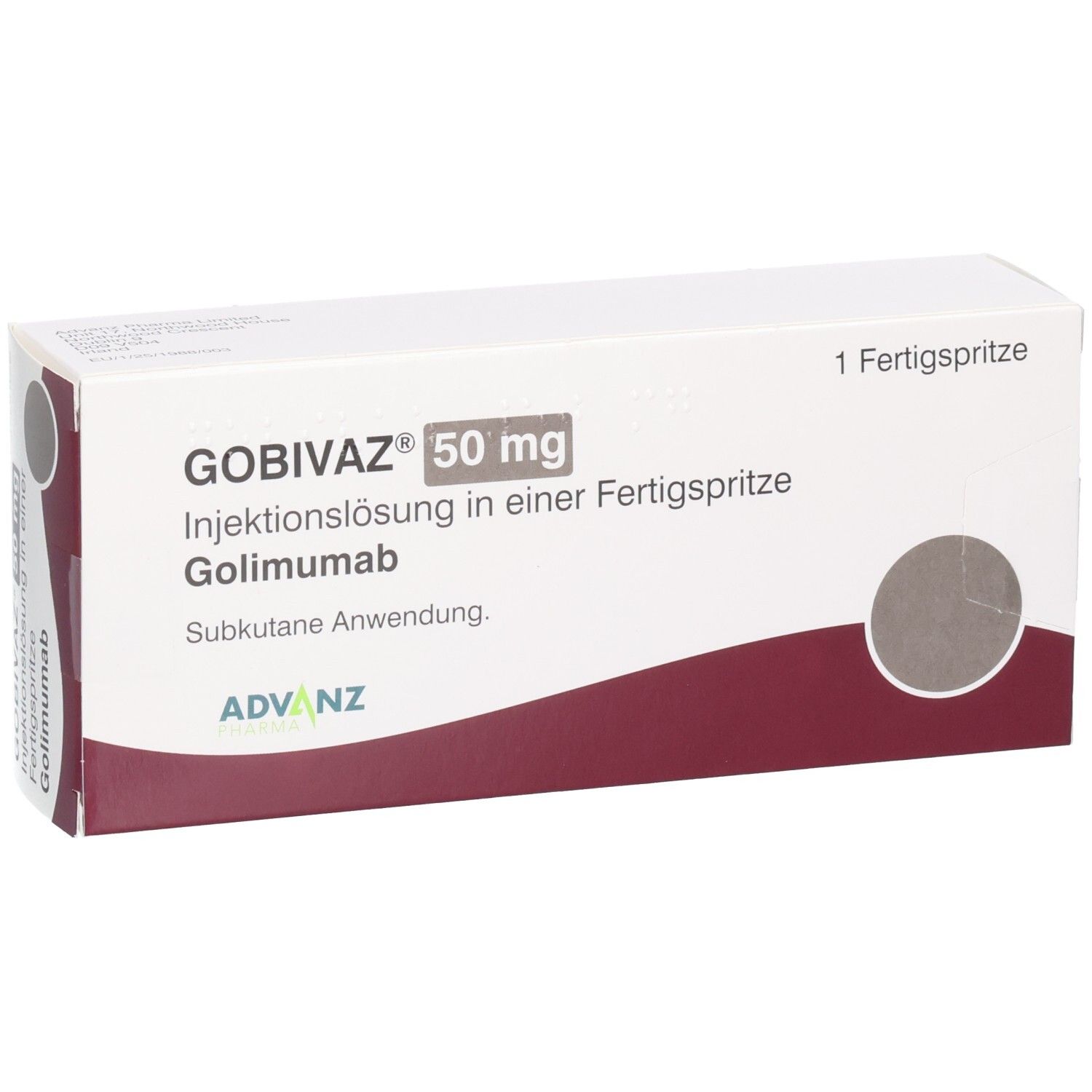 Schachtel mit GOBIVAZ 50 mg Injektionslösung. Fertigspritze. Weiß, mit rotem Bogen. ADVANZ-Logo.