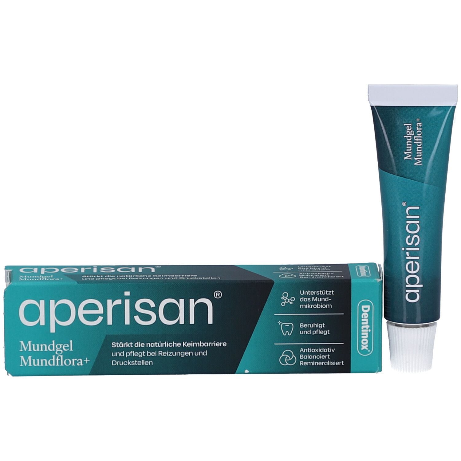 Produkt und Verpackung. Aufschrift: aperisan, Mundgel Mundflora+. Verpackung: Grün, Weiß. Tube: Grün, Weiß.