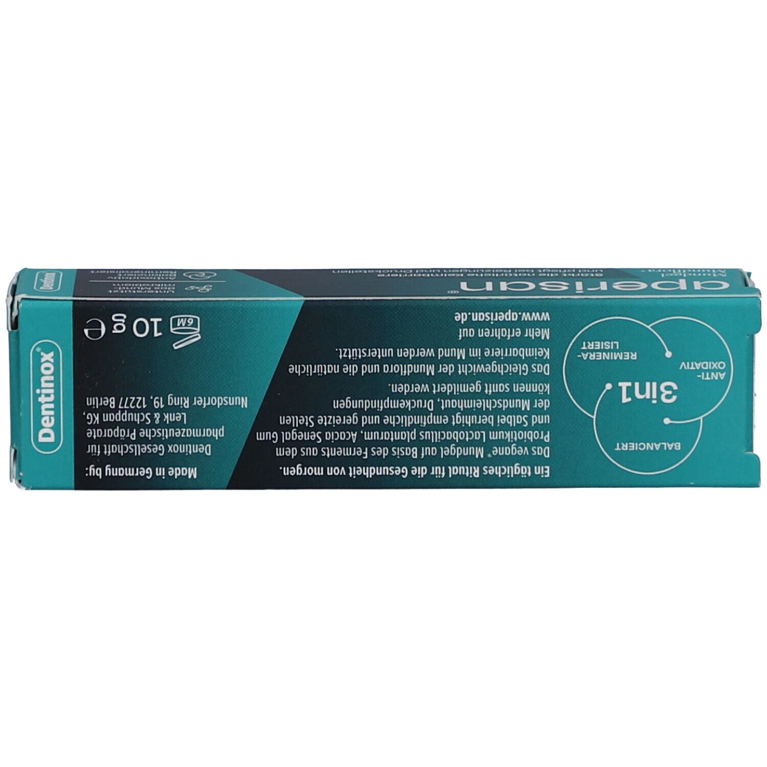 Rückseite der Verpackung. Aufschrift: 10g, Herstellerinformationen, Anwendungshinweise. Farbgebung: Grün, Weiß.