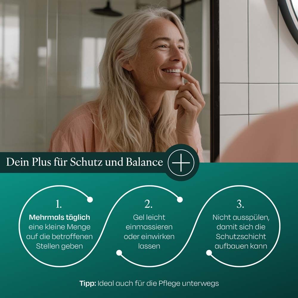 Anleitung mit Text und Symbolen. Text: Dein Plus für Schutz und Balance. 3 Schritte zur Anwendung.