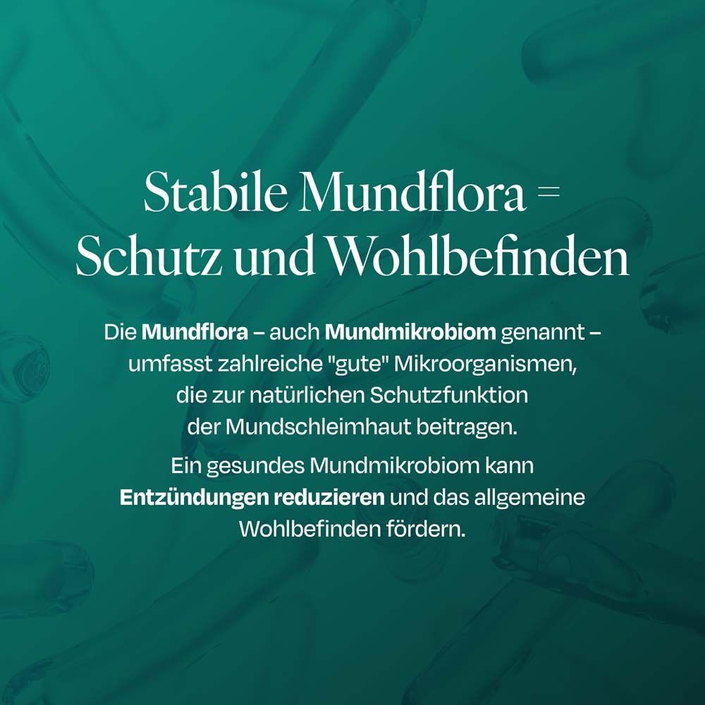 Text auf grünem Hintergrund. Text: Stabile Mundflora = Schutz und Wohlbefinden. Informationen zur Mundflora.