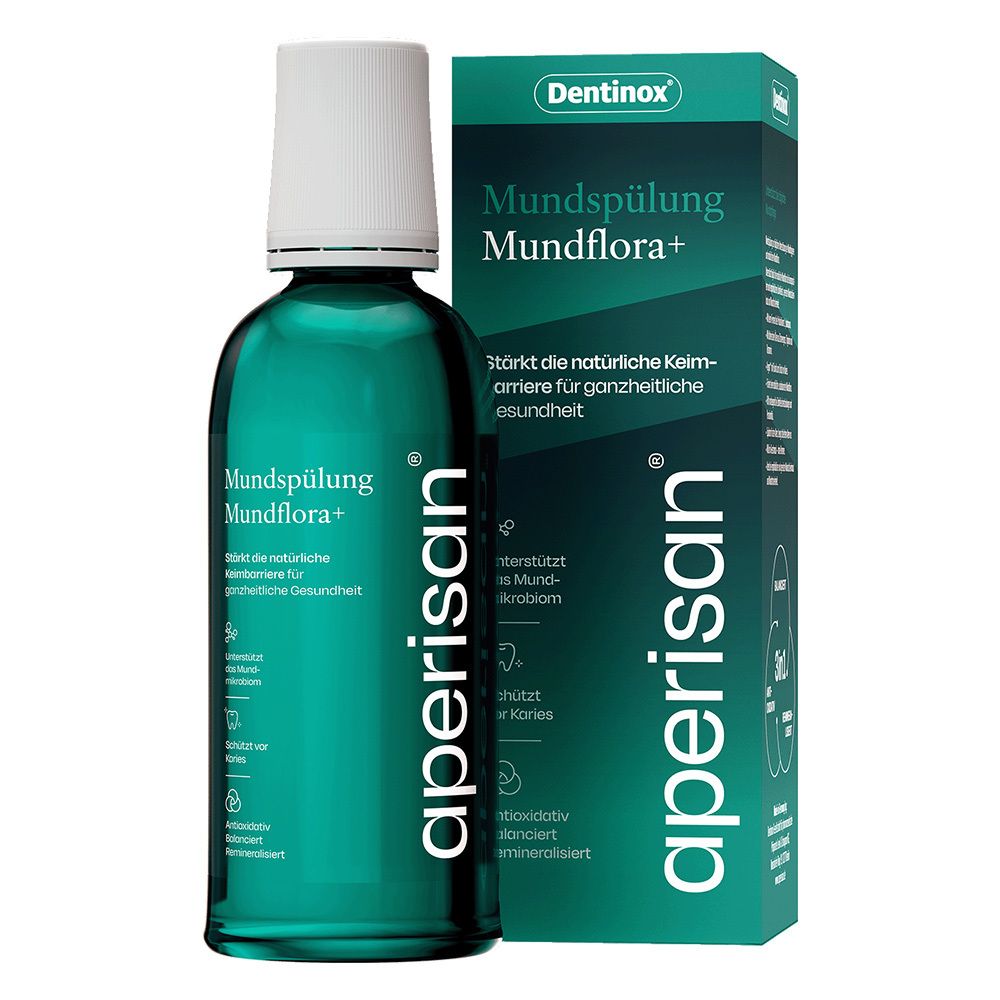 Grüne Flasche und Verpackung. Aufschrift: Aperisan Mundspülung Mundflora+. Dentinox Logo.