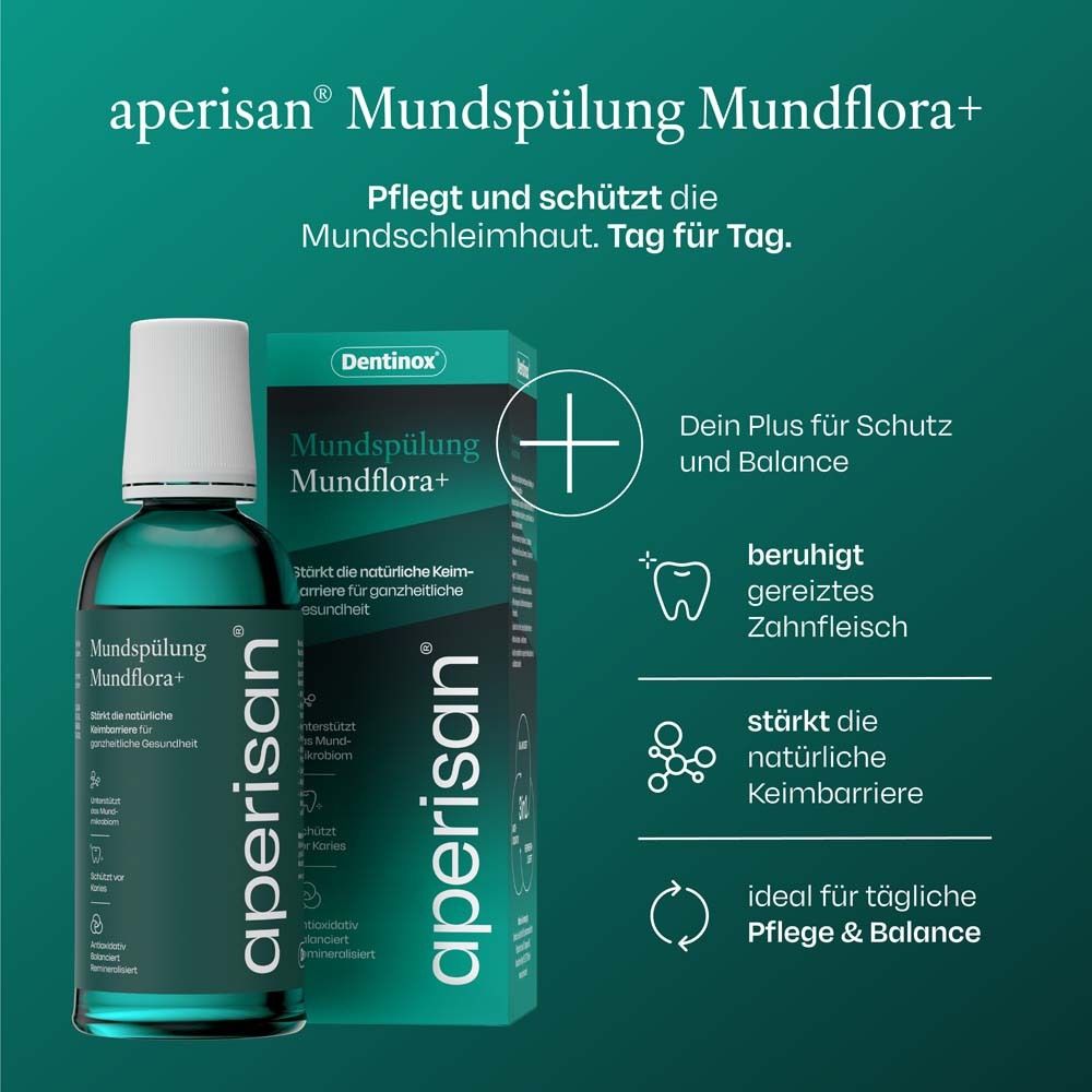 Aperisan Mundspülung Mundflora+ Flasche und Verpackung. Text und Logos. Grün.