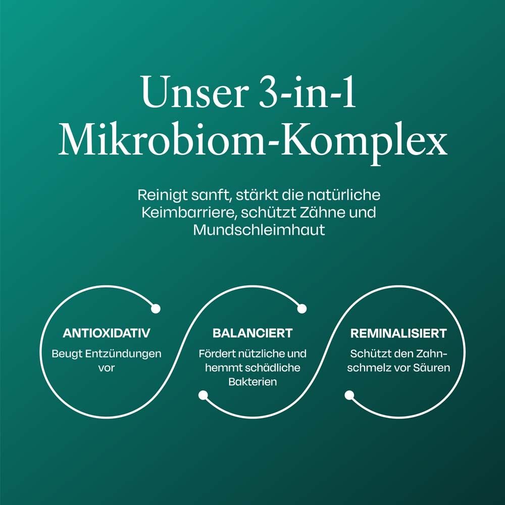 Grafik: Unser 3-in-1 Mikrobiom-Komplex. Text und Logos. Grün.