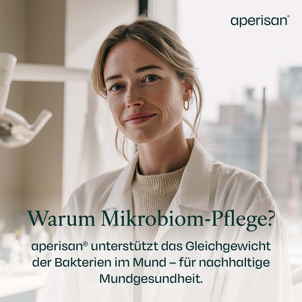 Frau im weißen Kittel. Text: Warum Mikrobiom-Pflege? Aperisan...
