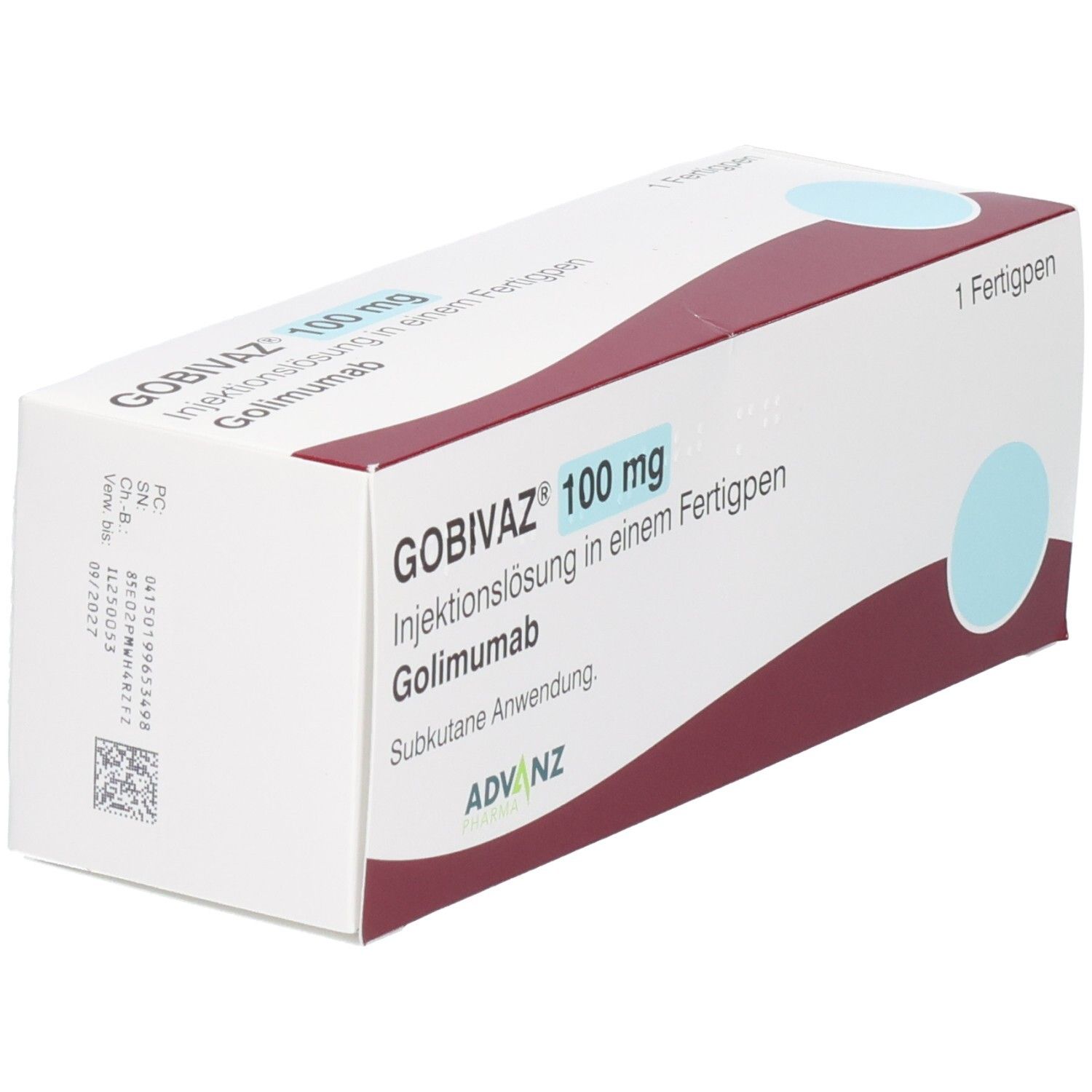 GOBIVAZ 100 mg Injektionslösung in Fertigpen. Weiße Schachtel mit rotem und blauem Design. ADVANZ Logo.