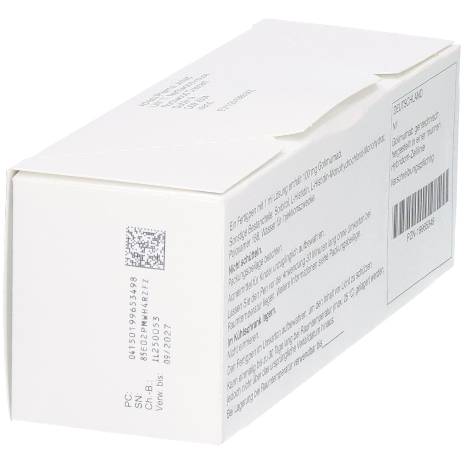 Weiße Medikamentenbox mit Text. Details: GOBIVAZ, 100 mg, Injektionslösung, Golimumab. Barcode und Chargennummer.