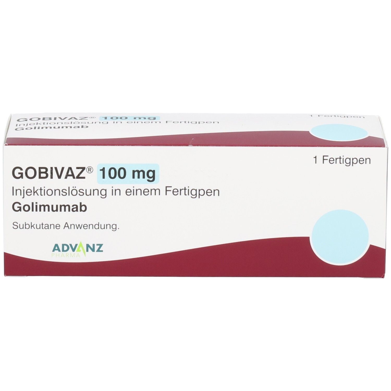 GOBIVAZ 100 mg Injektionslösung in Fertigpen. Weiße Schachtel mit rotem und blauem Design. ADVANZ Logo.
