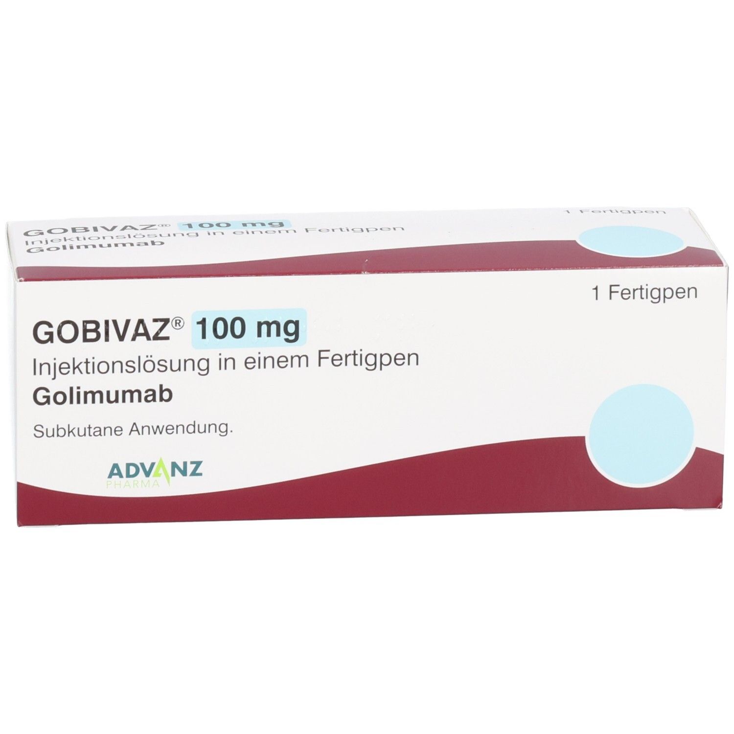 GOBIVAZ 100 mg Injektionslösung in Fertigpen. Weiße Schachtel mit rotem und blauem Design. ADVANZ Logo.