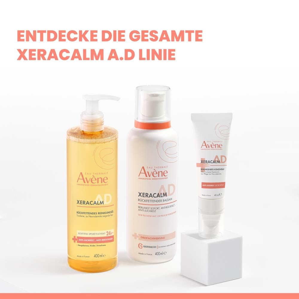 Drei Avène XeraCalm A.D Produkte: Reinigungsöl, Balsam, Anti-Juckreiz Konzentrat. Text: Avène, XeraCalm A.D.