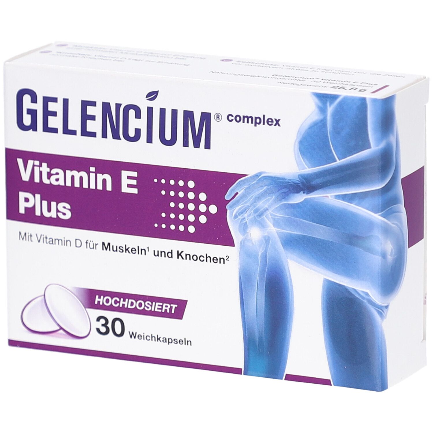 Schachtel mit GELENCIUM Vitamin E Plus. Aufdruck: Vitamin E Plus, 30 Weichkapseln. Abbildung eines Knies und Kapseln.